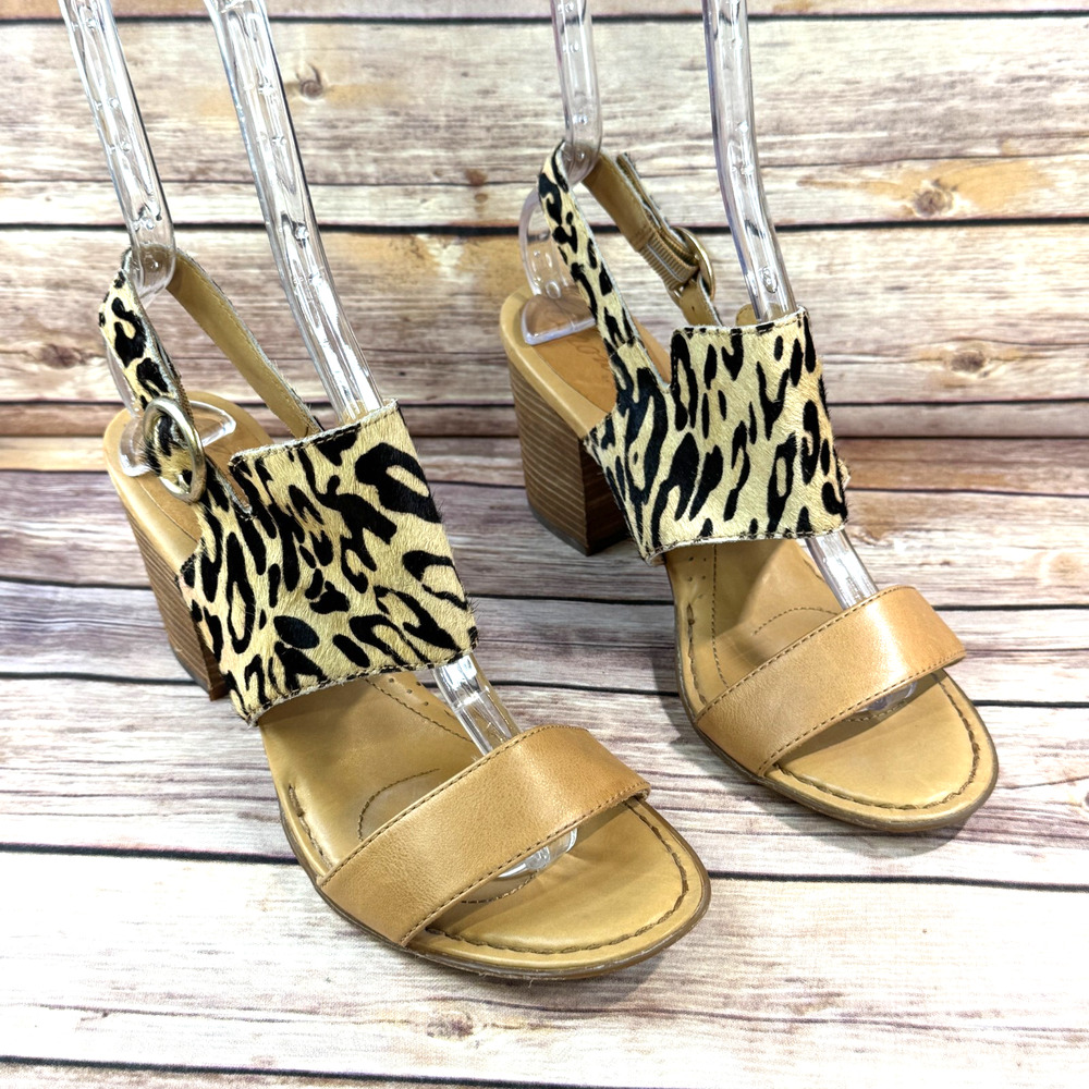 Crown by Born Womens Tan & Leopard Leather & Calf Hair Open Toe Heels 9M